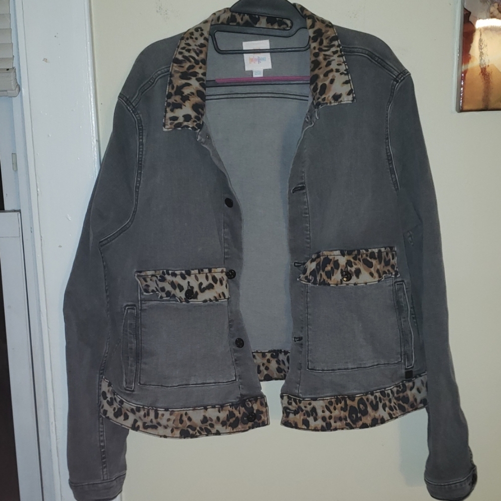 LuLaRoe Grey Denim Jacket with Leopard Trim 2XL